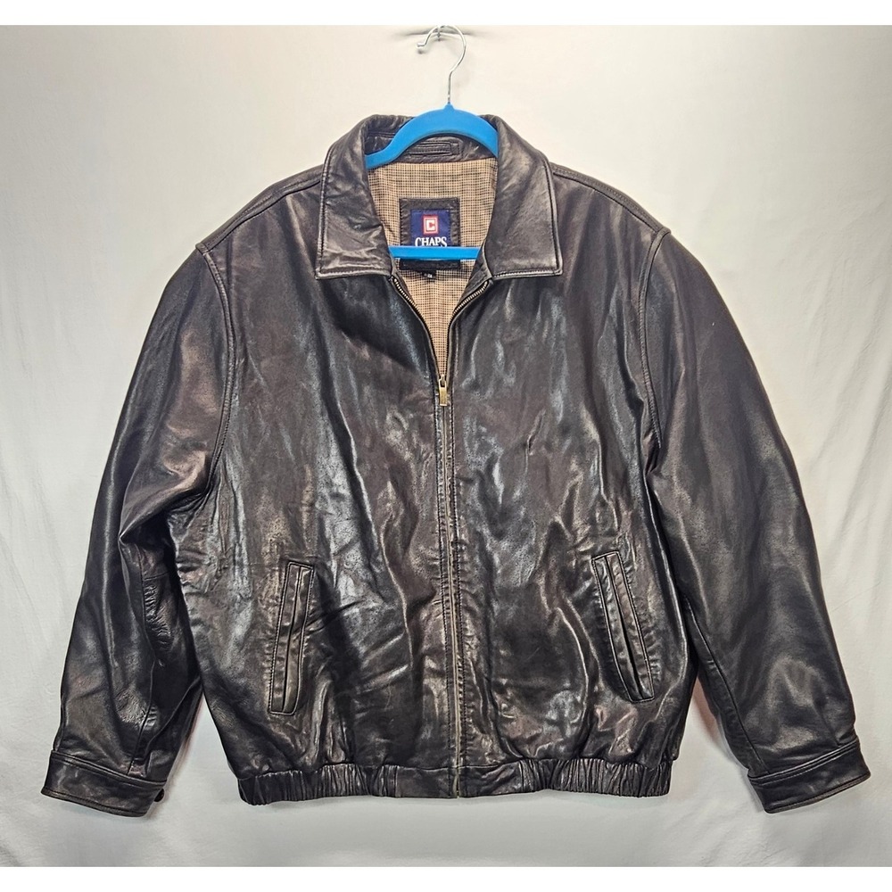 CHAPS 100% Leather Bomber Jacket Men's 2XL Black Full Zip Casual Coat